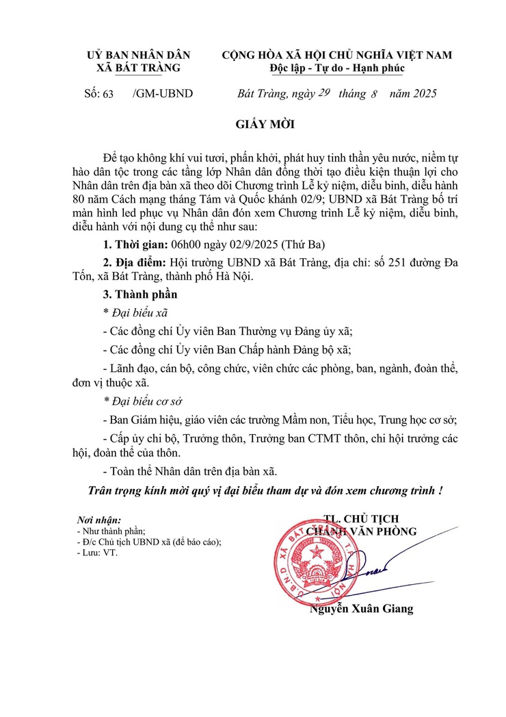 Thông báo của UBND xã Bát Tràng về việc phục vụ Nhân dân theo dõi Lễ diễu binh, diễu hành nhân kỷ niệm 80 năm Cách mạng tháng Tám và Quốc khánh 2/9- Ảnh 1.