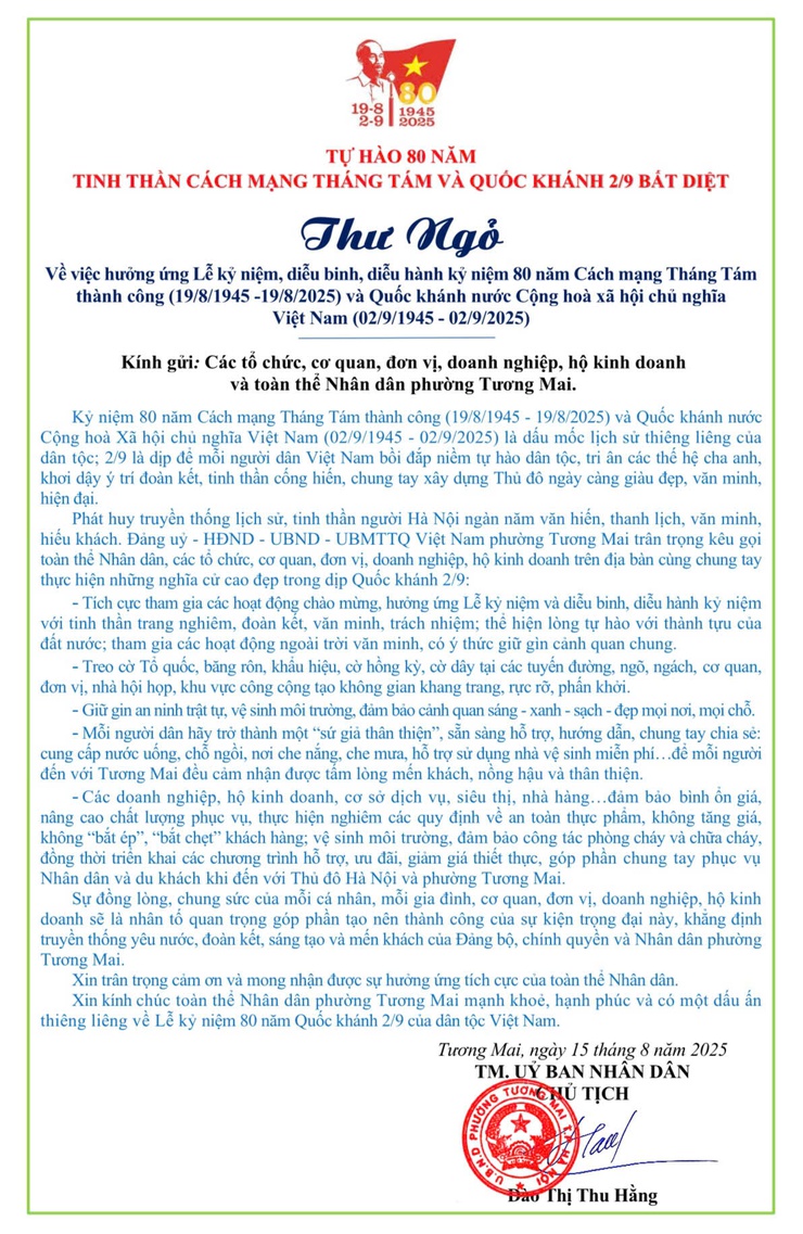 THƯ NGỎ: Về việc hưởng ứng Lễ kỷ niệm, diễu binh, diễu hành kỷ niệm 80 năm Cách mạng Tháng Tám thành công (19/8/1945 -19/8/2025) và Quốc khánh nước Cộng hoà xã hội chủ nghĩa Việt Nam (02/9/1945 -02/9/2025)
- Ảnh 1.