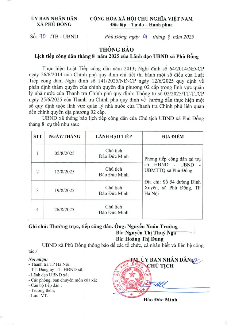 Lịch tiếp công dân tháng 8 năm 2025 của lãnh đạo UBND xã Phù Đổng- Ảnh 1.