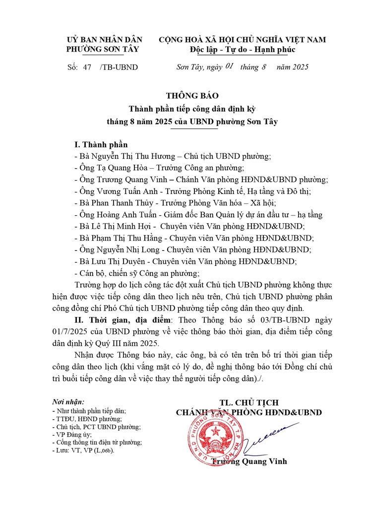 Thông báo thành phần tiếp công dân định kỳ tháng 8 năm 2025 của UBND phường Sơn Tây- Ảnh 1.