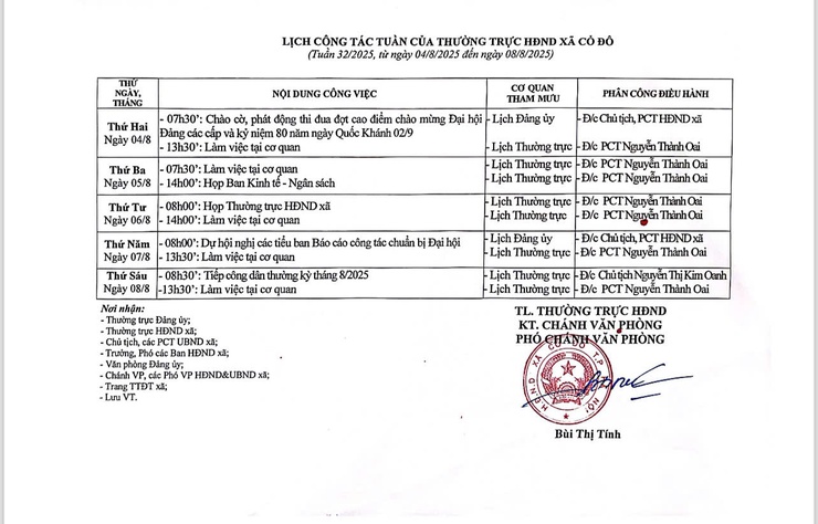 LỊCH CÔNG TÁC TUẦN CỦA THƯỜNG TRỰC HỘI ĐỒNG NHÂN DÂN XÃ CỔ ĐÔ- Ảnh 1.