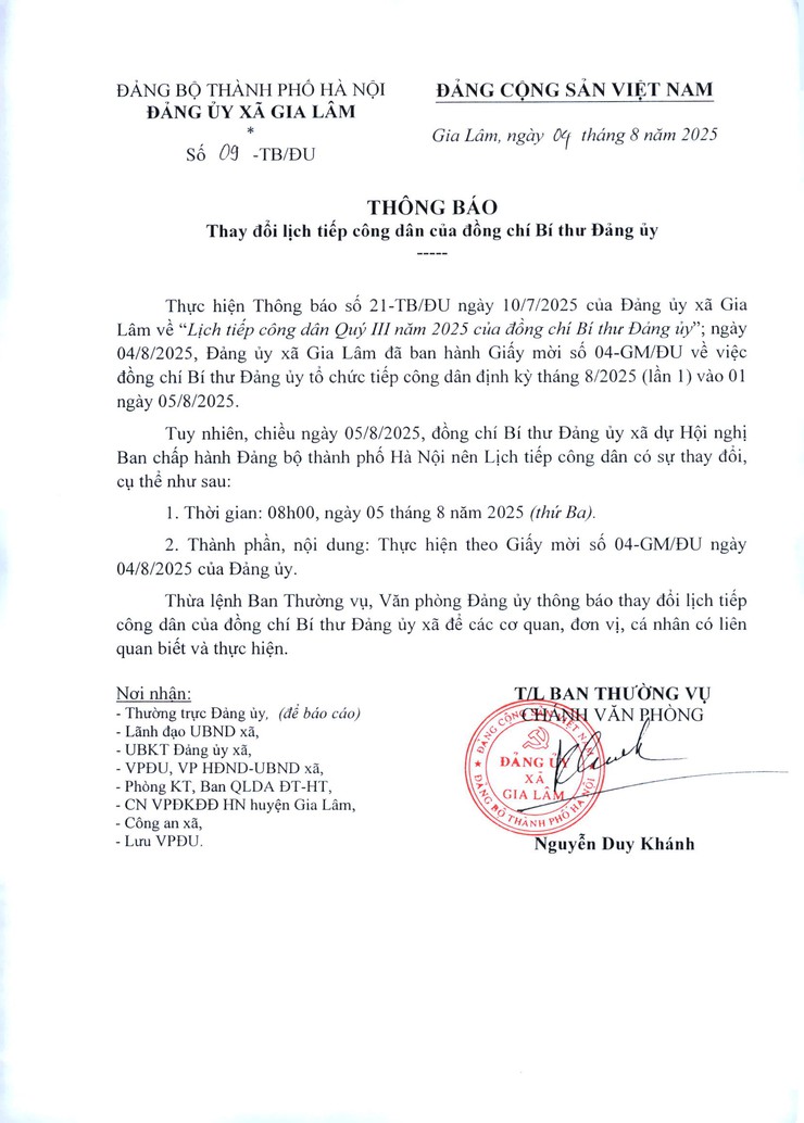 Thông báo thay đổi thời gian lịch tiếp công dân của đồng chí Bí thư Đảng ủy- Ảnh 1.