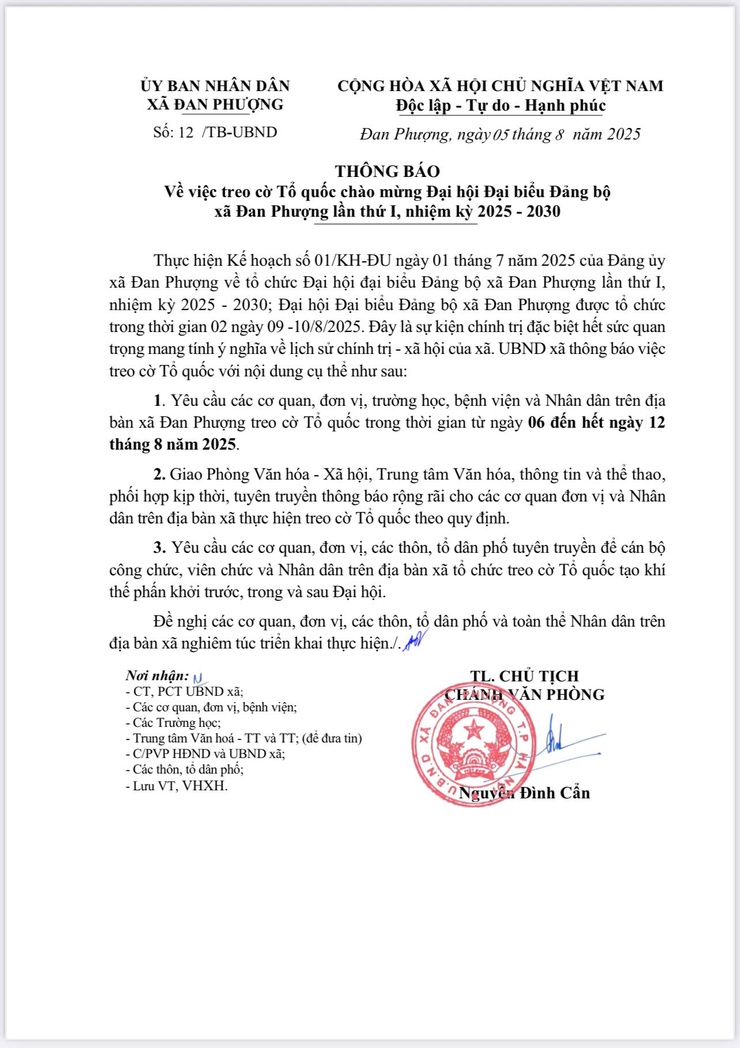 Thông báo về việc treo cờ Tổ quốc chào mừng Đại hội Đại biểu Đảng bộ xã Đan Phượng lần thứ I, nhiệm kỳ 2025-2030- Ảnh 1.