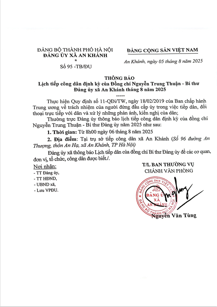 Thông báo: Lịch tiếp công dân định kỳ của Đồng chí Nguyễn Trung Thuận - Bí thư Đảng ủy xã An Khánh tháng 8 năm 2025- Ảnh 1.
