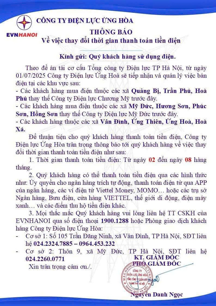 CÔNG TY ĐIỆN LỰC ỨNG HÒA THÔNG BÁO THAY ĐỔI THỜI GIAN THANH TOÁN TIỀN ĐIỆN VÀ DANH SÁCH TÀI KHOẢN NGÂN HÀNG PHỤC VỤ CÔNG TÁC THANH TOÁN TIỀN ĐIỆN- Ảnh 1.
