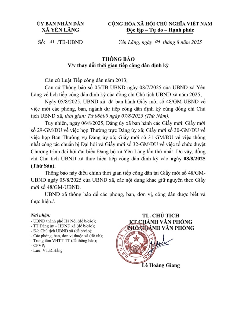 THÔNG BÁO VỀ VIỆC THAY ĐỔI THỜI GIAN TIẾP CÔNG DÂN ĐỊNH KỲ- Ảnh 1.
