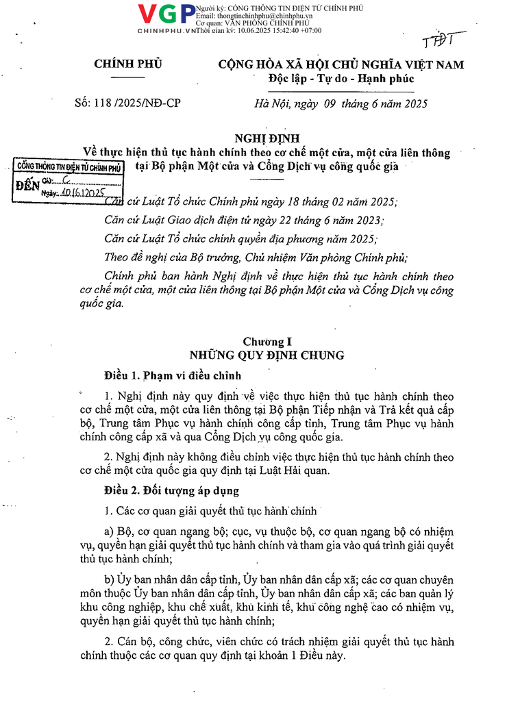 Nghị định số 118/2025/NĐ-CP của Chính phủ: Về thực hiện thủ tục hành chính theo cơ chế một cửa, một cửa liên thông tại Bộ phận Một cửa và Cổng Dịch vụ công quốc gia- Ảnh 1.