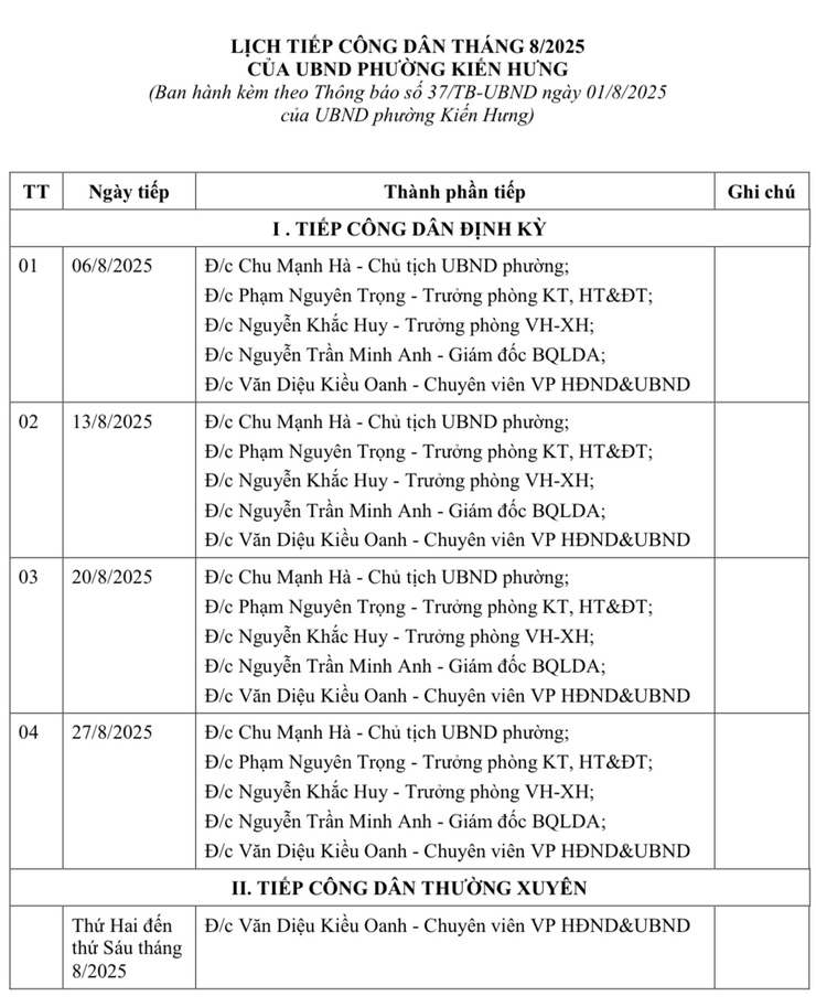 Lịch tiếp công dân của Chủ tịch UBND phường Kiến Hưng Tháng 8/2025- Ảnh 1.