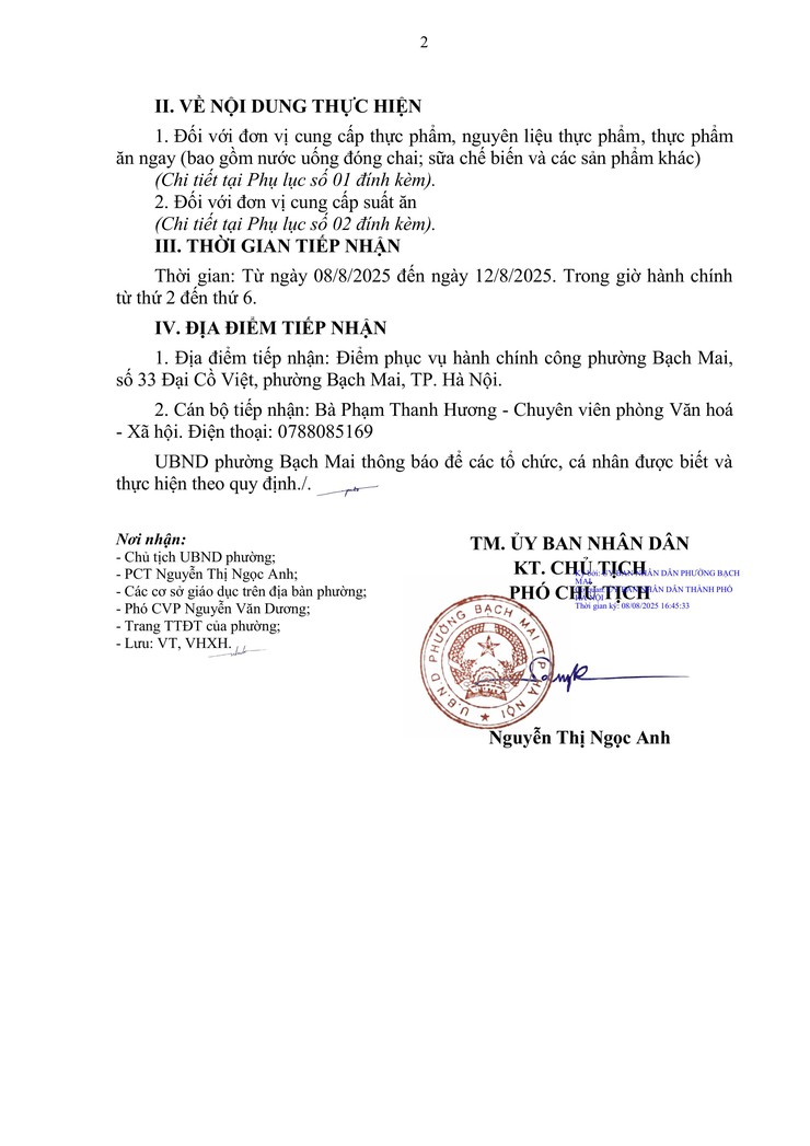 Công khai thông báo về việc tiếp nhận hồ sơ năng lực các đơn vị cung cấp thực phẩm, nguyên liệu thực phẩm, cung cấp suất ăn, sữa và nước uống cho bữa ăn bán trú tại các cơ sở giáo dục ngoài công lập của UBND phường Bạch Mai- Ảnh 2.