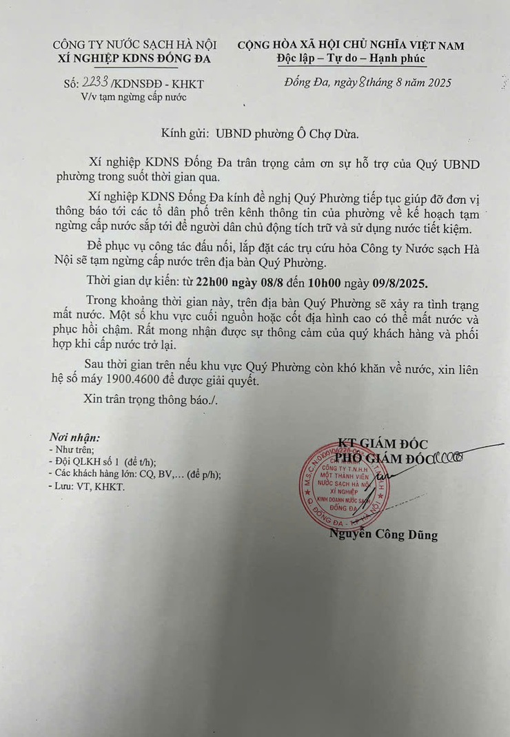 Thông báo tạm ngừng cấp nước trên địa bàn Phường- Ảnh 1.