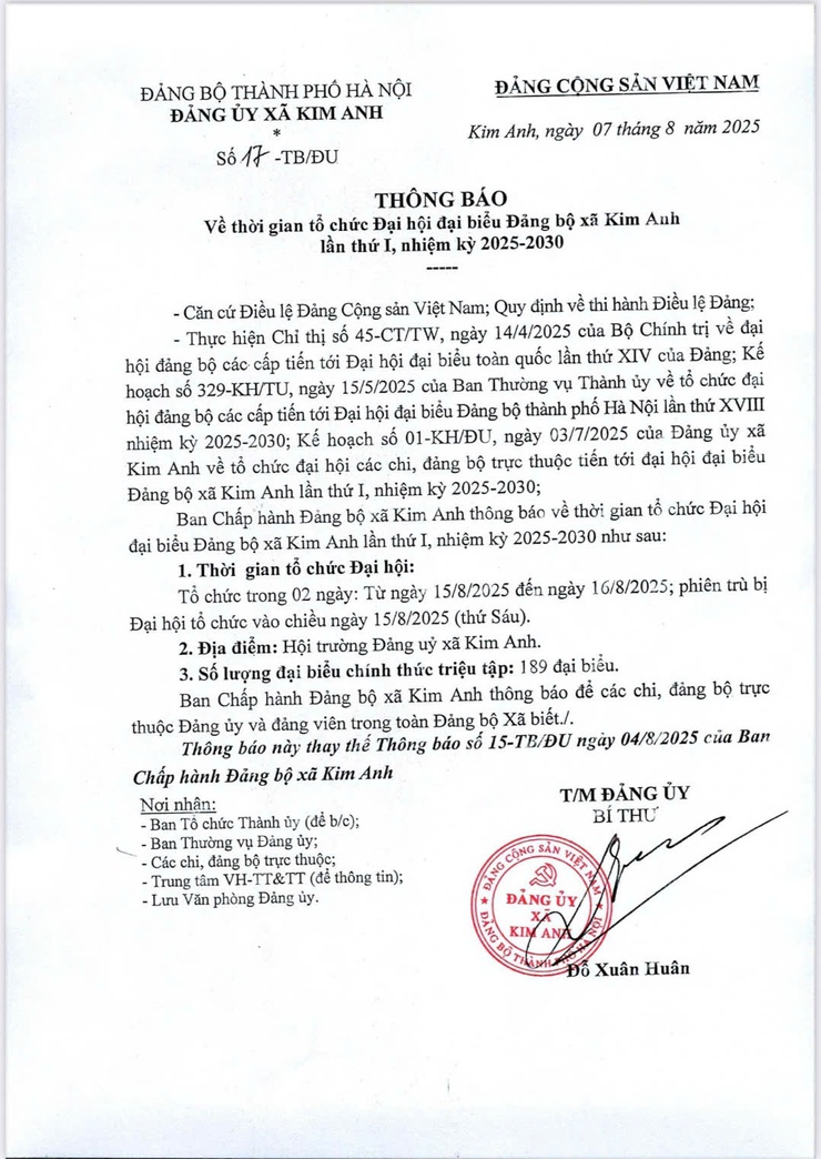Thông báo: Về thời gian tổ chức Đại hội đại biểu Đảng bộ xã Kim Anh lần thứ I, nhiệm kỳ 2025- 2030.- Ảnh 2.