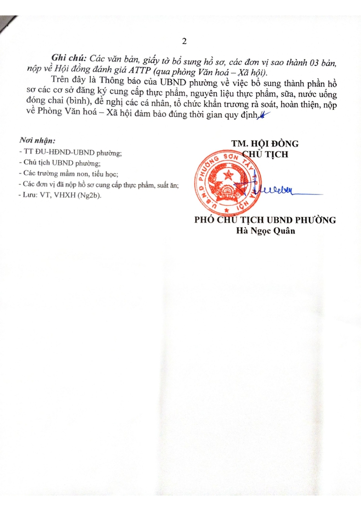 THÔNG BÁO VỀ VIỆC NỘP BỔ SUNG THÀNH PHẦN HỒ SƠ ĐỐI VỚI CÁC ĐƠN VỊ ĐÃ NỘP HỒ SƠ ĐĂNG KÝ CUNG CẤP THỰC PHẨM- Ảnh 2.