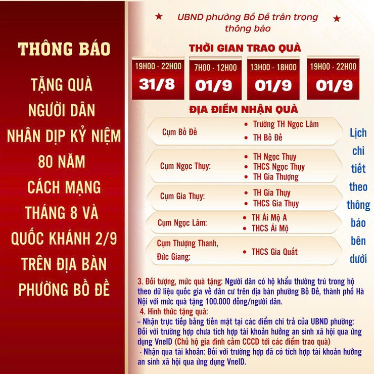 Thông báo tổ chức chi trả quà cho người dân nhân dịp kỷ niệm 80 năm CMT8 và Quốc khánh 2/9 trên địa bàn phường Bồ Đề- Ảnh 1.