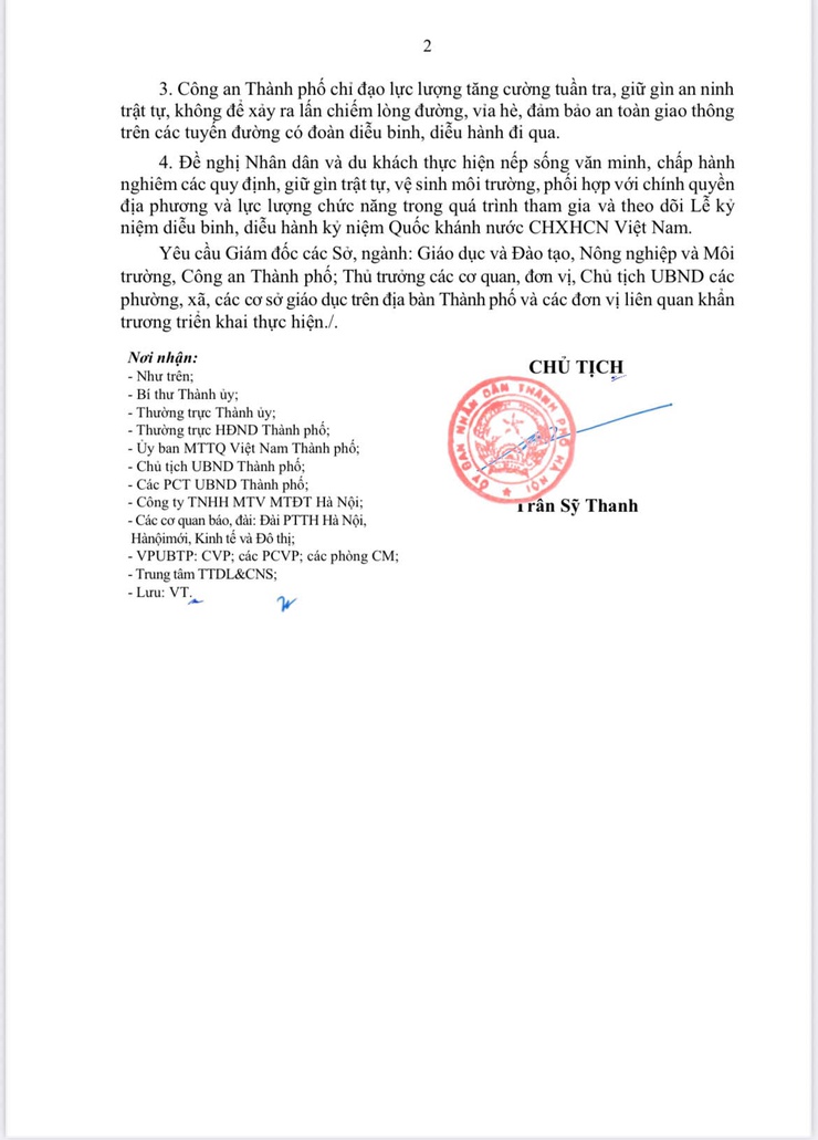 Công điện Về việc tăng cường công tác đảm bảo an ninh, trật tự, vệ sinh môi trường và hỗ trợ Nhân dân, du khách tham gia, theo dõi các hoạt động Lễ kỷ niệm diễu binh, diễu hành 80 năm- Ảnh 2.