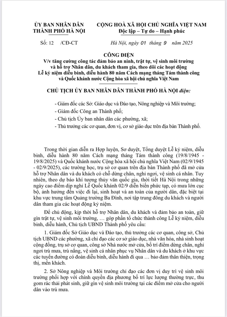 Công điện Về việc tăng cường công tác đảm bảo an ninh, trật tự, vệ sinh môi trường và hỗ trợ Nhân dân, du khách tham gia, theo dõi các hoạt động Lễ kỷ niệm diễu binh, diễu hành 80 năm- Ảnh 1.