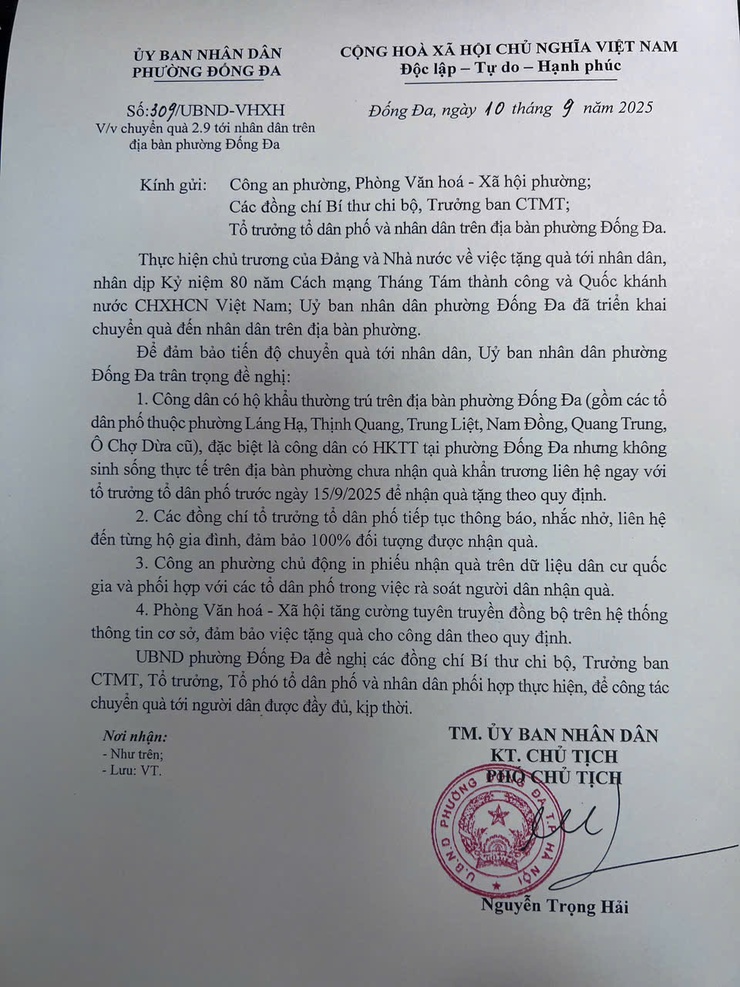 Thông báo về việc Chuyển quà 2/9 tới nhân dân trên địa bàn phường Đống Đa- Ảnh 1.