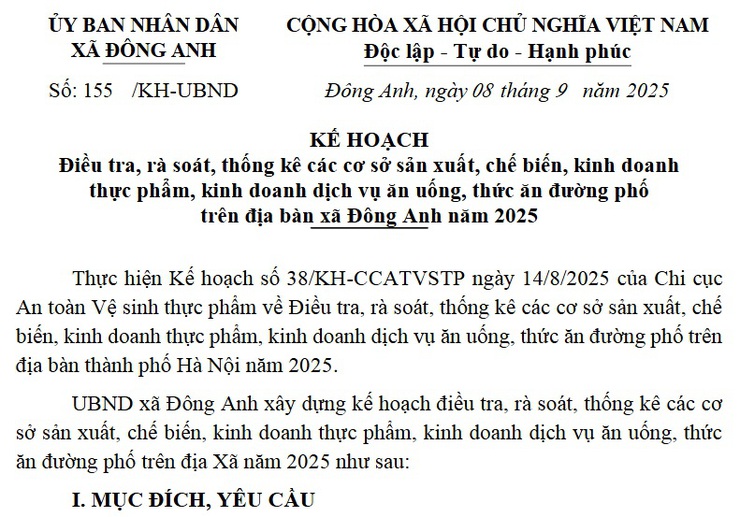 Kế hoạch Điều tra, rà soát, thống kê các cơ sở sản xuất, chế biến, kinh doanh thực phẩm, kinh doanh dịch vụ ăn uống, thức ăn đường phố trên địa bàn xã Đông Anh năm 2025- Ảnh 1.