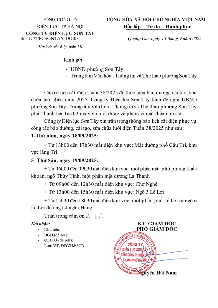 Thông báo lịch cắt điện tuần 38 (lịch bổ sung)- Ảnh 1.