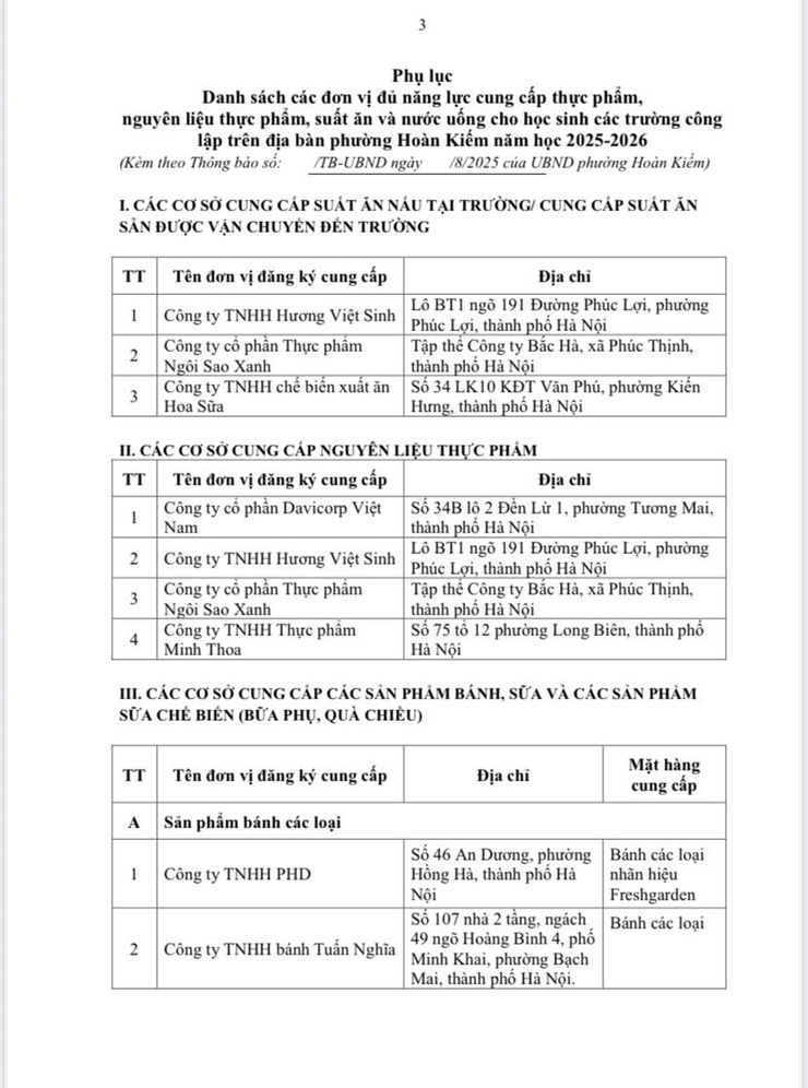Thông báo bề kết quả đánh giá năng lực các đơn vị cung cấp thực phẩm, nguyên liệu thực phẩm và suất ăn cho học sinh các trường công lập trên địa bàn phường Hoàn Kiếm năm học 2025-2026- Ảnh 2.