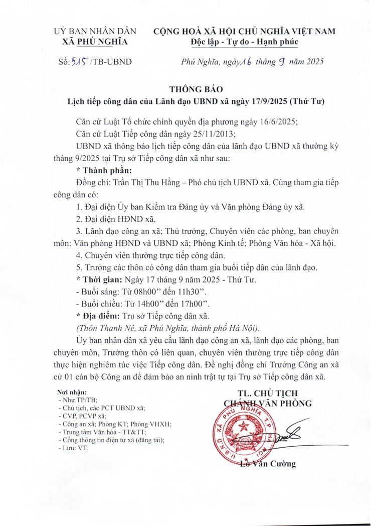 Thông báo lịch tiếp công dân của lãnh đạo Ủy ban nhân dân xã ngày 17/9/2025 - Ảnh 1.