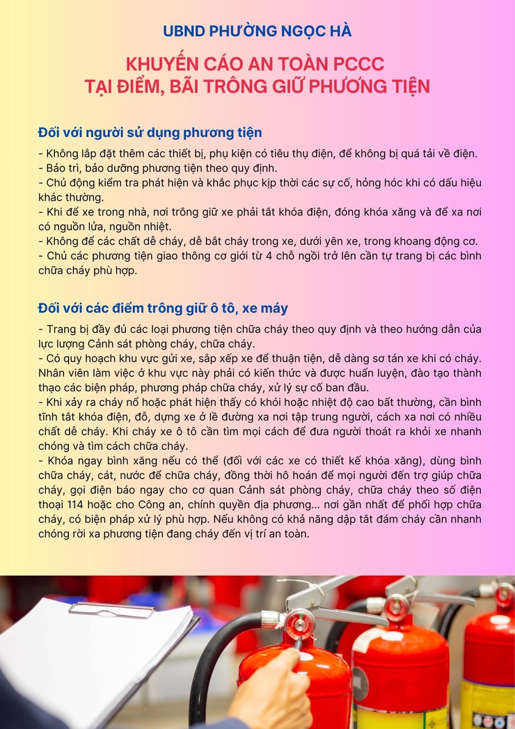 Phường Ngọc Hà: Yêu cầu đảm bảo an toàn PCCC&CNCH tại các điểm, bãi trông giữ phương tiện trên địa bàn- Ảnh 1.