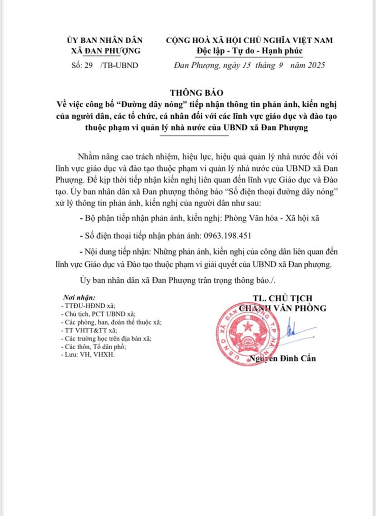 Thông báo về việc công bố " Đường dây nóng" tiếp nhận thông tin phản ánh, kiến nghị của người dân, tổ chức đối với lĩnh vực giáo dục và đào tạo thuộc phạm vi quản lý nhà nước của UBND xã Đan Phượng. - Ảnh 1.