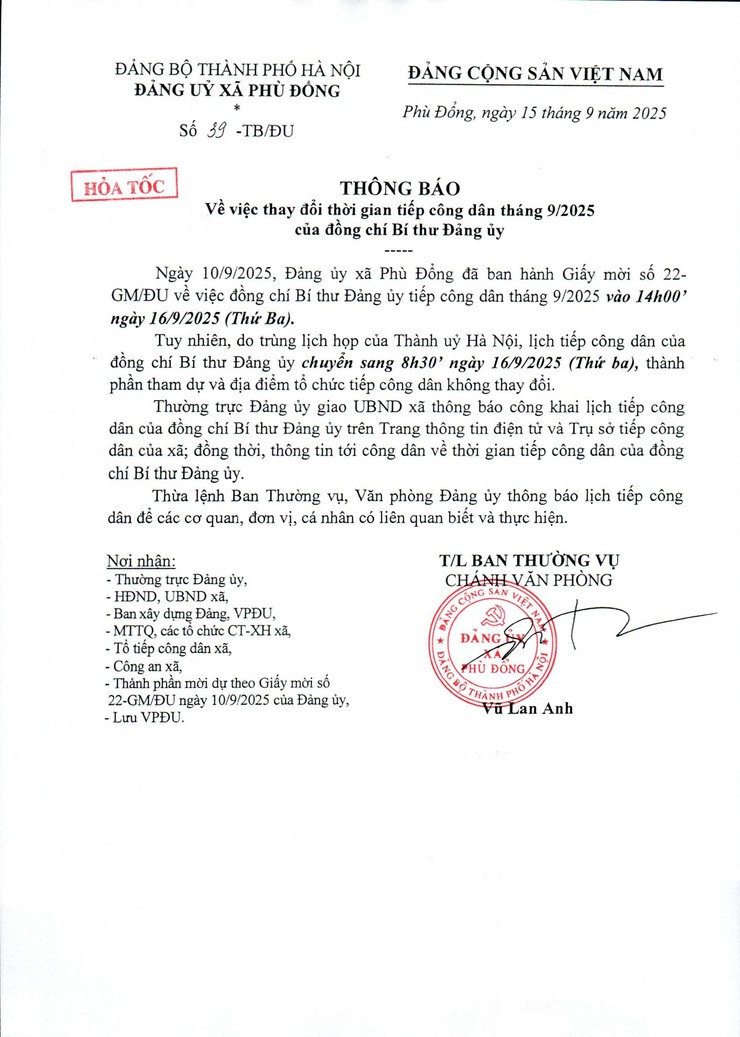 Thông báo thay thời gian tiếp công dân tháng 9/2025 của đồng chí Bí thư Đảng ủy xã Phù Đổng- Ảnh 1.