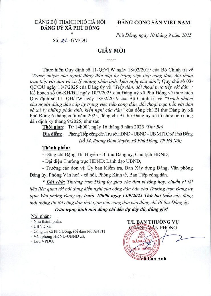Thông báo thay thời gian tiếp công dân tháng 9/2025 của đồng chí Bí thư Đảng ủy xã Phù Đổng- Ảnh 2.
