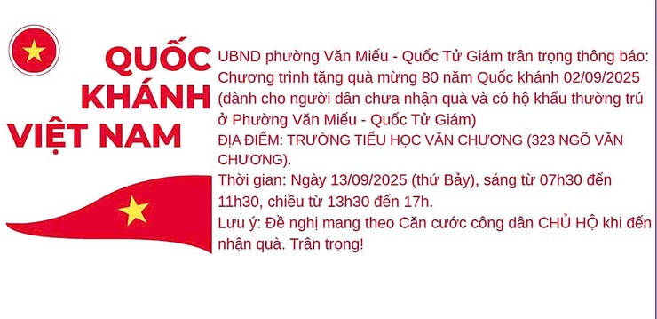 UBND PHƯỜNG VĂN MIẾU- QUỐC TỬ GIÁM THÔNG BÁO VỀ CHƯƠNG TRÌNH TẶNG QUÀ MỪNG 80 NĂM QUỐC KHÁNH 02/9/2025 - Ảnh 1.