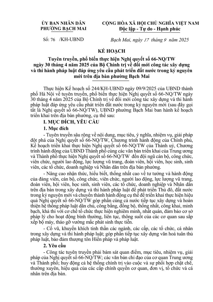 Kế hoạch số 76/KH-UBND ngày 17/9/2025 của UBND phường Bạch Mai- Ảnh 1.