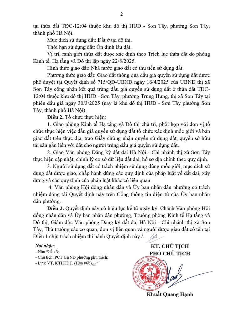 Thông báo công khai Quyết định về việc giao đất cho người trúng đấu giá Quyền sử dụng đất- Ảnh 2.