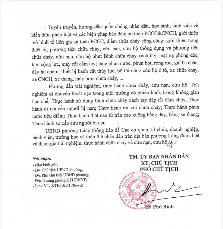 UBND phường Láng thông báo về việc tổ chức trải nghiệm, thực hành Chữa cháy và cứu nạn, cứu hộ.- Ảnh 2.