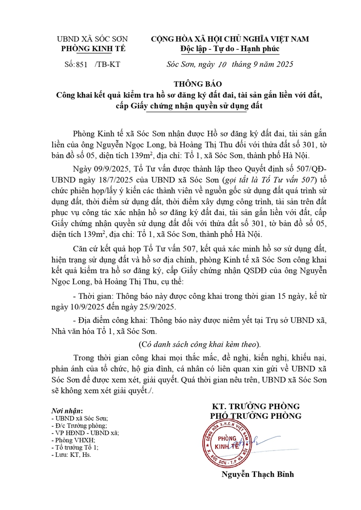 THÔNG BÁO CÔNG KHAI KẾT QUẢ KIỂM TRA HỒ SƠ ĐĂNG KÝ ĐẤT ĐAI, TÀI SẢN GẮN LIỀN VỚI ĐẤT, CẤP GCN QSD ĐẤT- Ảnh 1.