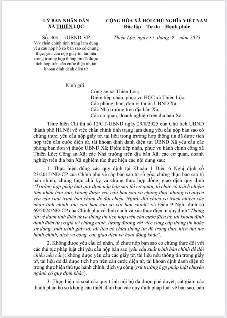 Công văn số 303/UBND-VP V/v chấn chỉnh tình trạng lạm dụng yêu cầu nộp hồ sơ bản sao có chứng thực, yêu cầu nộp giấy tờ, tài liệu trong trường hợp thông tin đã được tích hợp trên căn cước điện tử, tài khoản định danh điện tử- Ảnh 1.