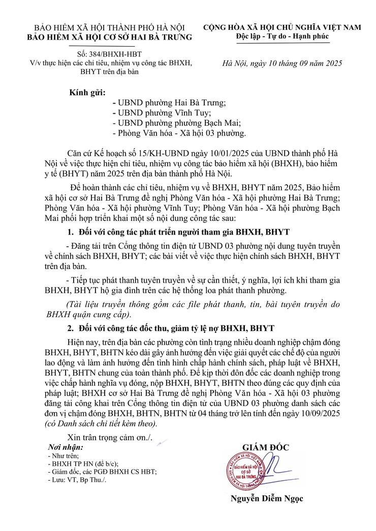 Công văn số 384/BHXH-HBT ngày 10/9/2025 của Bảo hiểm xã hội cơ sở Hai Bà Trưng- Ảnh 1.