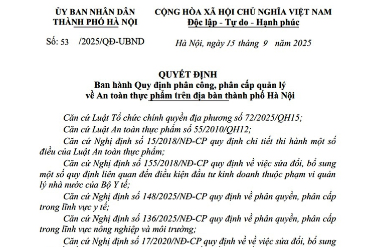 Quy định phân công, phân cấp quản lý về An toàn thực phẩm trên địa bàn thành phố Hà Nội- Ảnh 1.