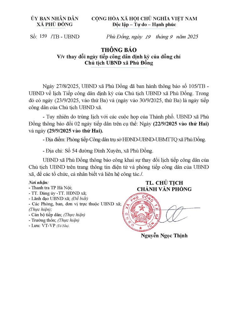 Thông báo thay đổi ngày tiếp công dân của đồng chí Chủ tịch UBND xã Phù Đổng- Ảnh 1.