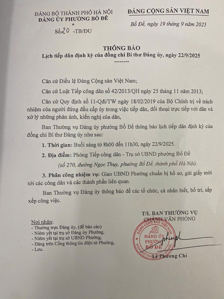 Thông báo Lịch tiếp công dân của đồng chí Bí thư Đảng uỷ, ngày 22/9/2025- Ảnh 1.