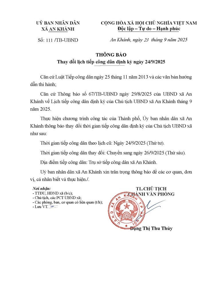 Thông báo thay đổi Lịch tiếp công dân định kỳ ngày 24/9/2025- Ảnh 1.
