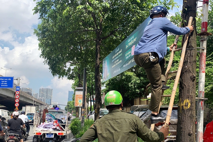 Phường Thanh Xuân ra quân bóc gỡ quảng cáo sai quy định- Ảnh 1.