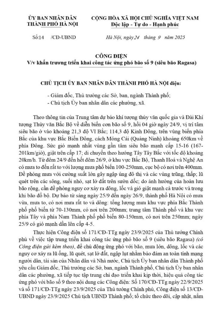 Công điện số 14/CĐ-UBND ngày 24/9/2025 của UBND Thành phố Hà Nội về khẩn trương triên khai công tác ứng phó bão số 9 (siêu bão Ragasa)- Ảnh 1.