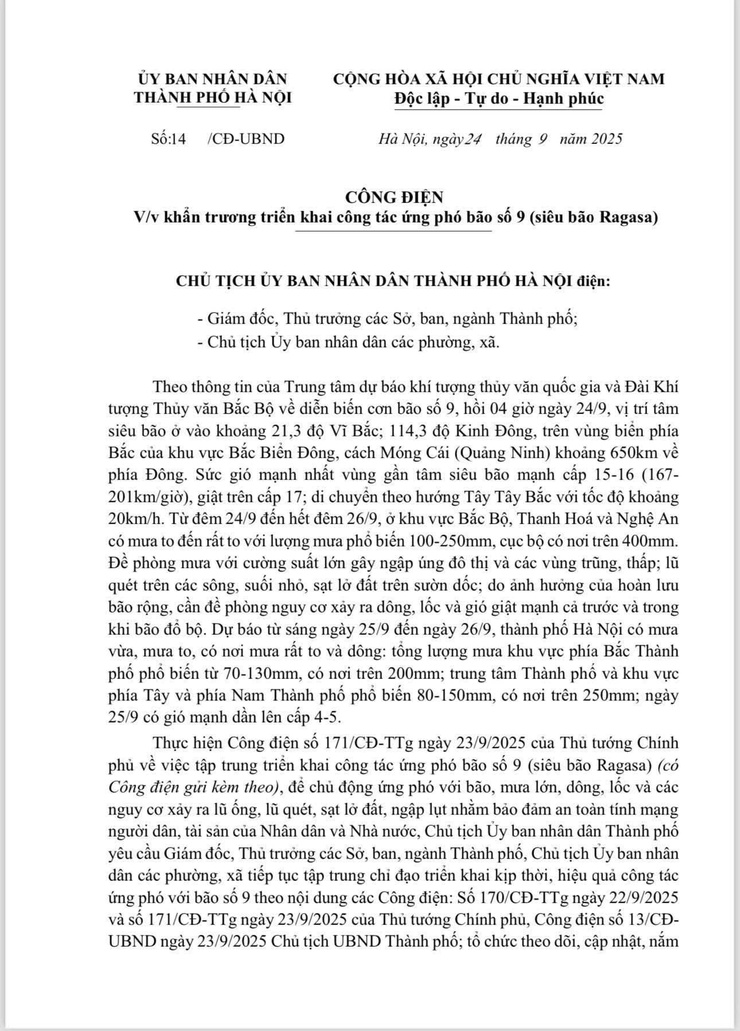 Công điện số 14/CĐ-UBND của Chủ tịch UBND Thành phố Hà Nội về ứng phó với cơn bão số 9- Ảnh 1.