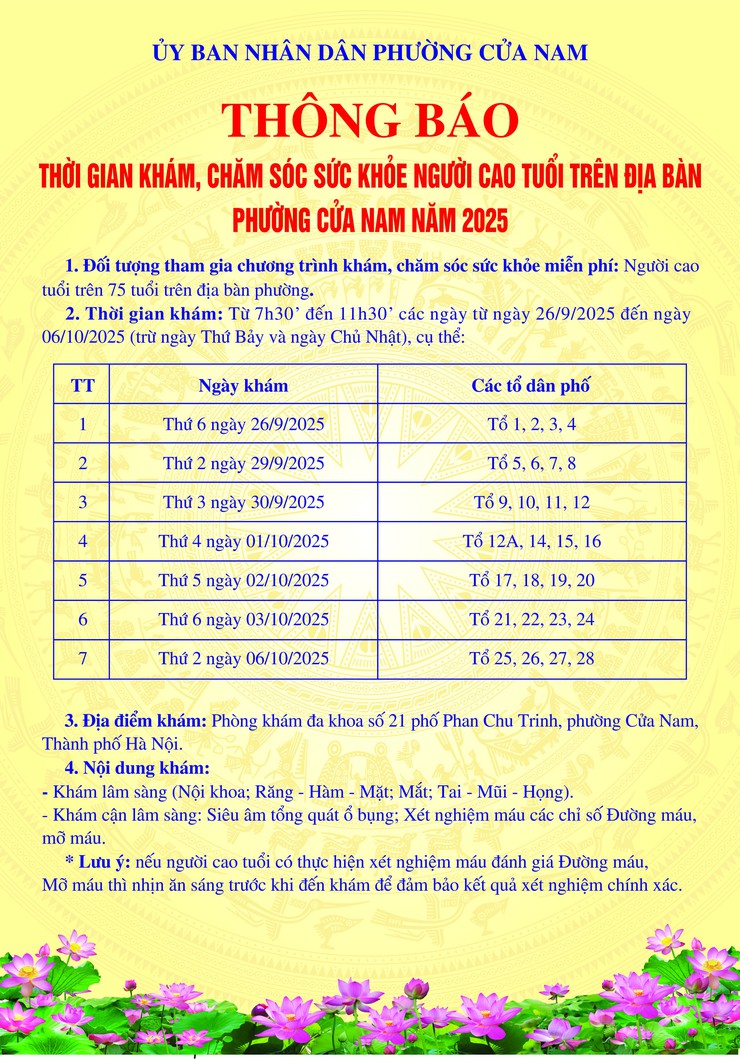 THÔNG BÁO: Thời gian khám, chăm sóc sức khỏe người cao tuổi trên địa bàn phường Cửa Nam năm 2025- Ảnh 1.