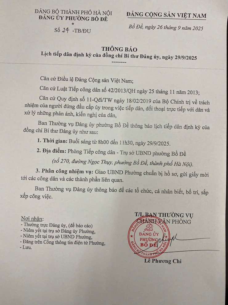 Lịch tiếp công dân định kỳ của đồng chí Bí thư Đảng uỷ phường, ngày 29/9/2025- Ảnh 1.