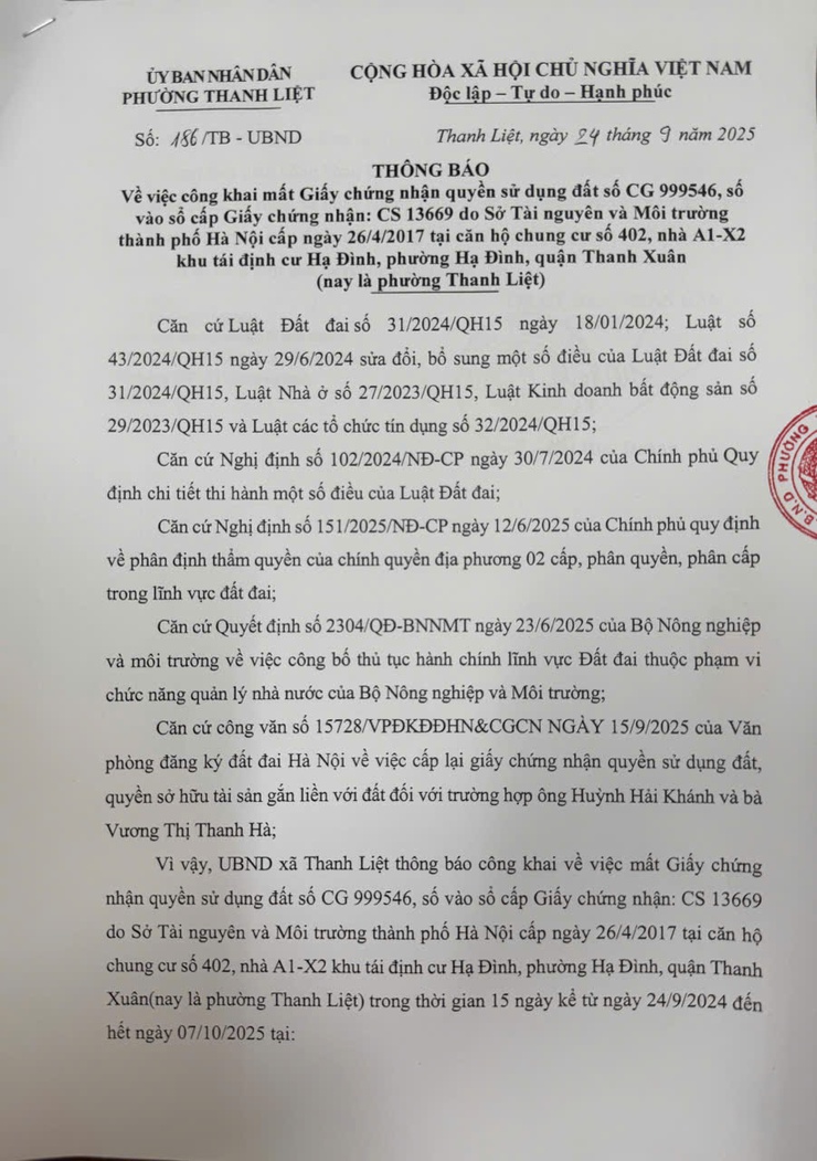 THÔNG BÁO CỦA UBND PHƯỜNG THANH LIỆT- Ảnh 1.