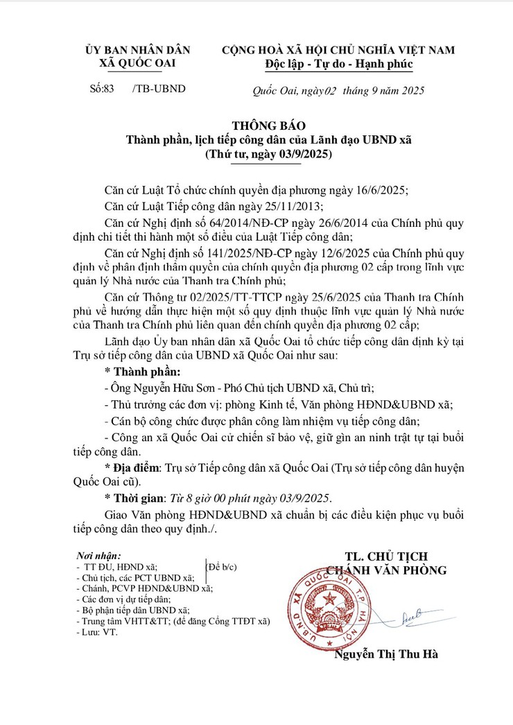 📢📢THÔNG BÁO📢📢 Thành phần, lịch tiếp công dân của Lãnh đạo UBND xã Quốc Oai 📢📢- Ảnh 1.