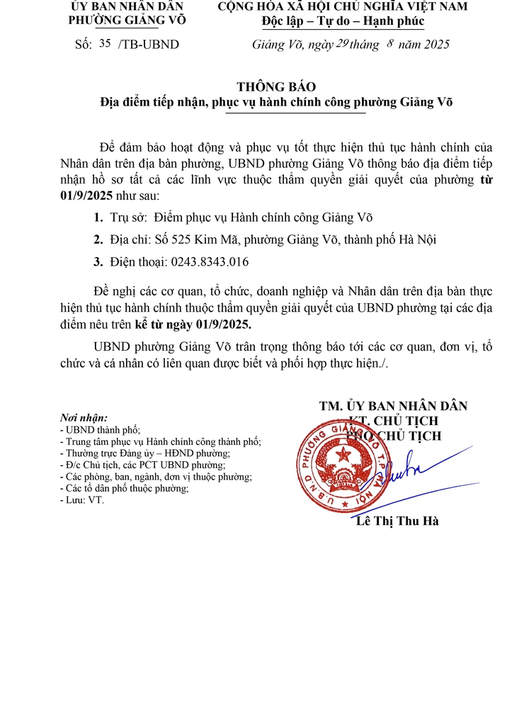 Thông báo địa điểm tiếp nhận, phục vụ hành chính công phường Giảng Võ- Ảnh 1.