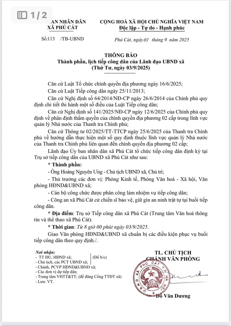 Thông báo thành phần, lịch tiếp công dân của lãnh đạo UBND xã Phú Cát ( Thứ 4, ngày 03/9/2025)- Ảnh 1.