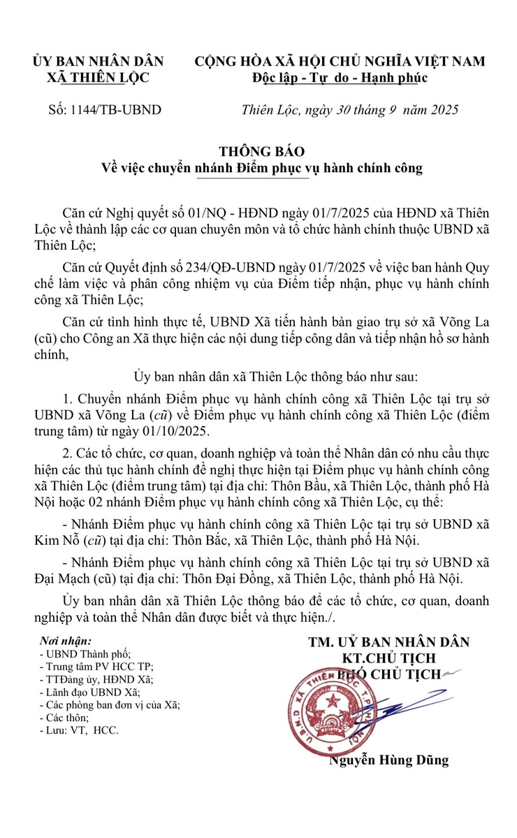 Thông báo V/v chuyển nhánh Điểm phục vụ hành chính công tại trụ sở UBND xã Võng La cũ về Điểm phục vụ hành chính công xã Thiên Lộc từ ngày 01/10/2025.- Ảnh 1.