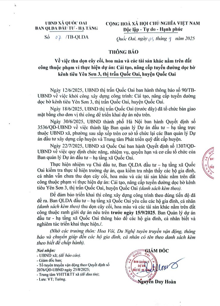 📢 THÔNG BÁO
Về việc thu dọn cây cối, hoa màu và tài sản trên đất phục vụ dự án cải tạo, nâng cấp tuyến đường dọc bờ kênh tiêu Yên Sơn 3, thị trấn Quốc Oai📢- Ảnh 1.